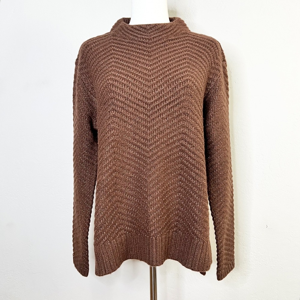 Talbots Sweater Mock Neck Pullover Size Medium Brown Metallic Chevron Knit New